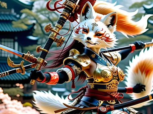 Prompt: Depict Cherry Kitsune, a graceful and fierce anthropomorphic fox warrior. She moves with fluidity and precision, wielding a traditional Japanese naginata. Her armor, detailed with copper and brass, blends Edo-period aesthetics with steampunk elements. The scene is illuminated by multicolor luciferin gradients, creating an ethereal glow in a Japanese dojo or battlefield."
- Style and Mood Tags: Cinematic lighting, fluid movement, traditional Japanese art style, ethereal glow, steampunk fusion