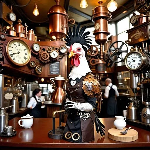 Prompt: In the bustling streets of a fantastical steampunk metropolis, nestled between towering brass buildings and hissing steam vents, there stood a peculiar coffee bar unlike any other. The sign above its entrance read "The Cackling Chicken Café," and within its walls, a most extraordinary sight awaited those who dared to enter.
At the heart of the café stood Henrietta, the anthropomorphic Plymouth Rock hen with gears and cogs adorning her metallic feathers, serving as the café's master barista. With a gleaming copper beak and clockwork eyes that sparkled with wisdom, she expertly operated the intricate steampunkesque coffee machines that hissed and clanked with each steaming brew.
Henrietta's loyal customers, a lively group of anthropomorphic chickens with a penchant for witty banter and lively conversations, perched at the ornate brass tables adorned with clockwork inlays. They clucked and crowed with delight as Henrietta deftly poured their steampunkesque coffee creations into specialized mugs crafted with intricate mechanical designs.
The aroma of exotic coffee beans and the hiss of steam filled the air as Henrietta worked her magic, creating concoctions that danced on the palate and stirred the senses. Each cup served was a work of art, a symphony of flavors and textures that left the customers clucking with joy and satisfaction.
As the clockwork hands of the café's elaborate timepiece ticked away, the Cackling Chicken Café buzzed with energy and excitement, a haven for those seeking a taste of the extraordinary in a world filled with wonder and invention. And amidst the whirring of gears and the clinking of mugs, Henrietta the steampunk barista presided over her domain with grace and precision, her metallic feathers gleaming in the warm glow of the café's steampunk ambiance.