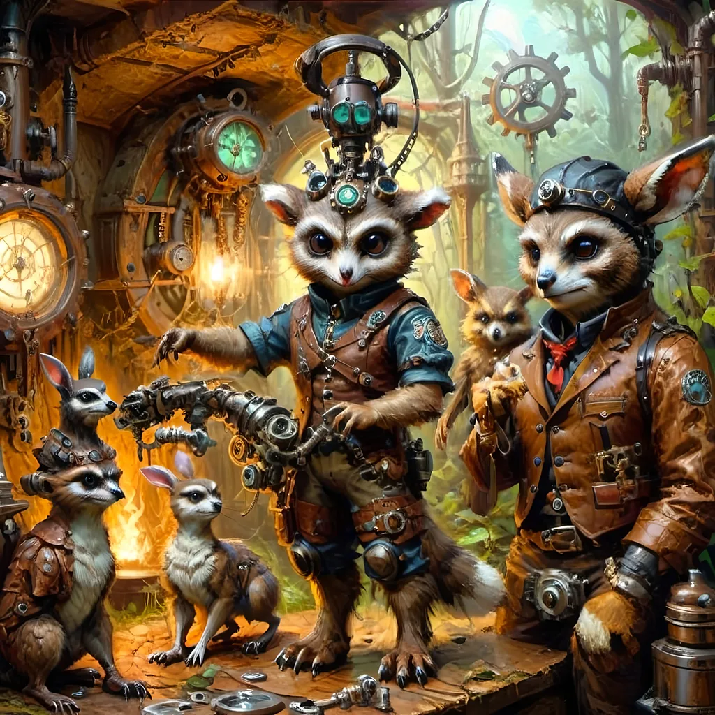 Prompt: Anthropomorphic
Creatures technological
Steampunkesque, sentient 

Gears in silent dance,
Beneath antiquated light,
Luciferin hums.

Rabbit’s nimble paws,
Mechanist of subtle craft,
Wrought from steel and steam.

Ferret’s eyes aglow,
Infiltrator of shadows,
Secrets deftly claimed.

Deer’s tranquil essence,
Mender of the fractured soul,
Healing spells take root.

Venerated owl,
Perched in opulent wisdom,
Machination stirs.

Raccoon’s deft contraptions,
Ingenious and arcane,
Copper dreams take flight.

hesperocyon  
keen gaze sharp, Scout  pathways, peril
Survival in steps.

Short faced Bear, 
brobdingnagian mighty,
Strength forged in twilight.

In this eldritch room,
Where ethereal fog swirls,
Dark fates intertwine.

Gears in silent dance,
Beneath antiquated light,
Luciferin hums.