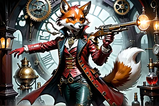 Prompt: Brash sharpshooter’s poise,
   Rifle's Steampunkesque styling
   Polished red leather and bronze.
Protagonists bold
   Victorian full moon's pride
   Mechanized marvels.
Boundaries blurred thin
    Friend or foe in torchlight’s dance
    Gleaming fangs revealed.
Curious Finnegan,
    Spectacles magnify eyes
    Mechanisms’ spark.
Cedric’s calm resolve,
    Elixirs and healing salves
    Shadows whisper doom.
Epic venture dawns
    Steampunesque luciferin
    magic alit stark
Allies or rivals
    Vulpine's saga etched in time
    Valor’s intricate dance.
