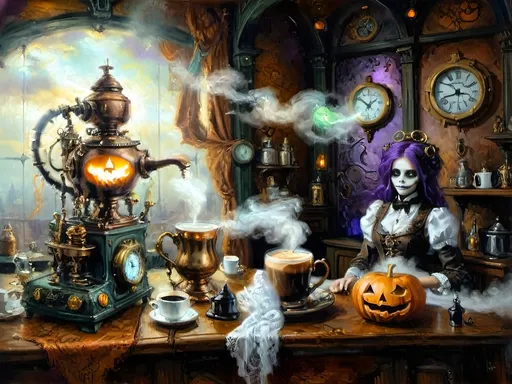 Prompt: ethereal steampunkesque coffee bistro in the clouds with angels and celestials, dreamlike atmosphere with mechanical steampunk elements, antique bronze, copper gradients, silver and gold accents. The space is heavenly and dreamlike, filled with Halloween elements like jack-o’-lanterns, phantoms, eerie Victorian attire, and a gothic twist. There are shadowy ruins and misty landscapes under stark chiaroscuro lighting, with eerie mists glowing in shades of brown, purple, and green. Celestial beings in fun macabre Victorian attire with ornate brass coffee makers and carafes add to the scene's whimsical yet haunting atmosphere.