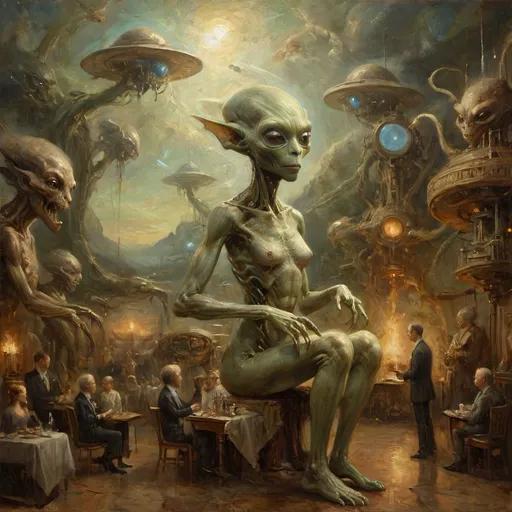 Prompt: Here is the text prompt used for the image generation:

"Sophisticated scene with an anthropomorphic alien figure, ethereal and unnervingly graceful, gliding through, extra-jointed limbs, deliberate and artful interactions, poised, effortless authority, showcasing a world where art, magic, and machinery converge with savoir-faire."