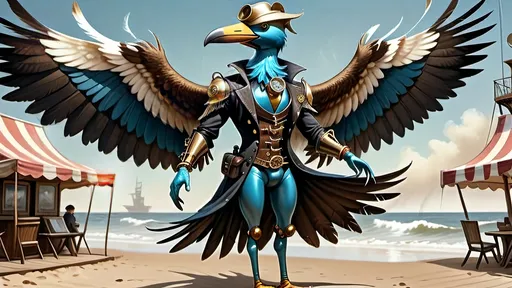 Prompt: Anthropomorphic 
Steampunkesque technology
Muscle bound seabird
---

Under morning sun,  
Seabird graces storied sands—  
Resplendent in form.

---

Elongated legs,  
Supple reeds in zephyrs’ dance—  
Sea's vast embrace calls.

---

Mischief in his eyes,  
Beachgoers’ toil unnoticed—  
Avian voyager.

---

Plumage tousled light,  
Saline breezes bring solace—  
Waves chant his essence.

---

Choreographed grace,  
Wings unfurled in ocean's song—  
Maestro of the shore.

---

Day's vibrant tableau,  
Delights of beachside revels—  
Laughter and salt tang.

---

Fellowship in skies,  
Airborne kin cavort above—  
Cerulean bond.

---

Muscle Beach's arena,  
For robust and brawny strength—  
Whimsical proscenium.

---

Stilts' realm of splendor,  
Statuesque limbs embrace waves—  
Effervescent spirit.
