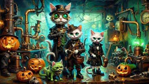 Prompt: trio of anthropomorphic kittens in steampunk Halloween toy factory, Victorian leather and copper attire, ghost hunting apparatus, brass gears, ornate brass blunderbusses, oversized Doc Martens, jester masks, sinister grins, jack-o’-lanterns, eerie masks, shadowy phantoms, gothic spires, blue and green glowing steam pipes, chiaroscuro lighting, glowing mist, modern steampunk devices, silk and brass textures