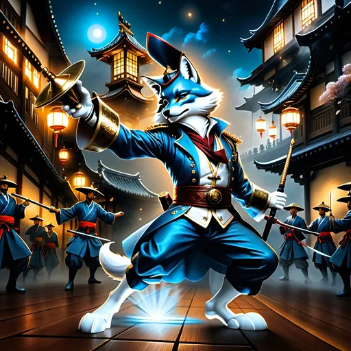 Prompt: Upon a Thomas Kinkade-style Edo period landscape:

Create an artistic composition of the “Loyal Warrior Consort” featuring acrobatic prowess with a celestial and timeless quality. The character is an early Holocene Vulpes qiuzhudingi (Blue fox) anthropomorphic warrior, showcasing martial arts skill and battle marks. Use acrylic trompe l’oeil artwork technique for dynamic action, elegance, and emotional depth. Integrate multicolor luciferin gradients to depict “Lucifurinescent glints” and “radiance ablaze,” adding otherworldly light. Blend traditional Edo period accoutrements and in-depth landscape elements with Steampunk aesthetics to symbolize “unsolved enigmas” and “alien musings.” Employ shadow layering to create depth and contrast, enhancing the mysterious atmosphere. Limit the character to two arms and two legs. Include inscriptions from a poem, such as “Radiance ablaze” and “Their tale whispers through ages,” on the character’s armor or weaponry. Set the scene against a celestial backdrop with luminous glints and a sense of transient essence, reflecting the poetic context of a timeless battle scene.