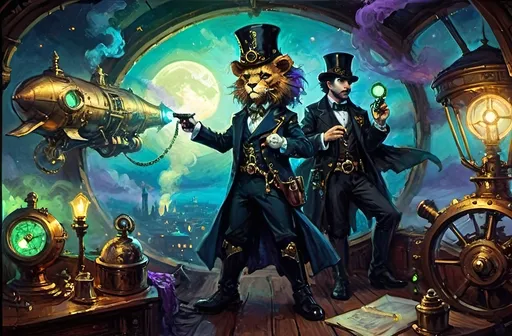 Prompt: A dynamic, heroic graphic novel scene featuring a steampunk adventure under luciferin black light. Leo Brasspaw, an anthropomorphic lion in 19th-century steampunk attire, glowing under black light, wields a Dragon’s Blunderbuss with mystical blue-green luciferin energy. His son Zephyr in matching attire, accented by crimson and lavender. Crimson oasis background, twilight sky, mechanical guardians with golden glowing gears. Skyship Horizon, a glowing airship with luciferin lights. Mouse in monocle observing from a shadowy attic corner, with moonlight casting patterns. Sharp contrasts, mystical atmosphere with blue-green, gold, crimson, and lavender highlights.