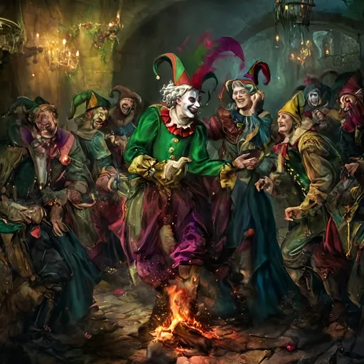 Prompt: #### I. The Motley Band
Once jocund Quibble,  
Favored jester, found solace  
With his motley troupe.

#### II. Unique Talents
Five talents diverse,  
Jangle’s nimble feats astound,  
Merry’s voice enchants.

#### III. Whirlwind of Mirth
Tumble's antics wild,  
Gleek’s mimicry turns knights soft,  
Color, joy they bring.

#### IV. Courtly Sojourns
Through verdant pastures,  
They traverse, perform for all,  
Lords, merchants, and serfs.

#### V. The Stern Duke's Court
At Duke Henry’s court,  
Somber faces challenge them,  
Yet they strive with zeal.

#### VI. Eliciting Smiles
Quibble leads with charm,  
Witty tales and jests delight,  
Laughter slowly spreads.

#### VII. Accidental Faux Pas
Servant spills his wine,  
Quibble’s mimicry amiss,  
Duke's ire does ignite.

#### VIII. The Duke's Wrath
“What insolence here!”  
The Duke’s voice thunderous,  
Troupe's hearts heavy sink.

#### IX. The Somber Night
By the fire they rest,  
Quibble’s heart with sorrow swells,  
Loyal troupe consoles.

#### X. Resolute Spirits
“New court awaits us,”  
Merry's lute with hope resounds,  
Together they stand.

#### XI. A New Dawn
In a kinder court,  
They perform unmarred by fear,  
Quibble’s smiles grow true.

#### XII. Eternal Jest
Laughter ever bright,  
Shared journey strengthens their bond,  
Jesters to the end.
