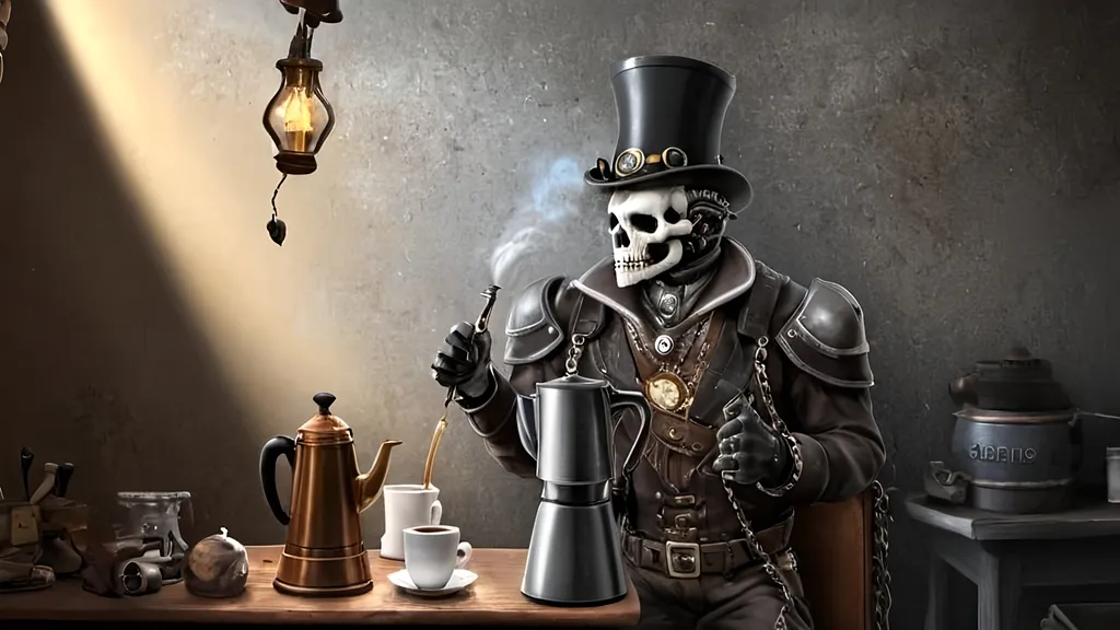 Prompt: In a realm where shadows swirl like tendrils of forgotten tales, a figure stands tall amidst the clatter of machinery and the whisper of steam. This figure is not of battles and realms, but of coffee and dreams. Enter our hero, not with sword in hand but with a steaming carafe, a barista of finesse and a steampunkesque coffeemaker that hums with mechanical precision.
In this surreal tapestry of bones and gears, where the aroma of freshly ground beans mingles with the scent of aged metal, the hero weaves a tale not of conquest, but of creation. With each carefully crafted cup, each swirl of tastefully engineered foam, the hero challenges not the throne, but the very essence of tradition and innovation.
Picture this scene: an ornate coffee carafe, adorned with intricate engravings that tell stories of old, a steaming styled foam rising like the curls of forgotten whispers, and a barista whose hands move with the grace of a master artisan. As the hero brews a blend that transcends time and taste, he becomes a catalyst for change in a world where coffee is not just a drink, but a symbol of unity and progress.
So, amidst this steampunkesque backdrop of clinking chains and whirring cogs, our hero stands not as a warrior, but as a champion of caffeinated dreams, ready to stir hearts and awaken minds to the possibilities that lie beyond the realm of bones and machinery. In this tale of triumph and transformation, the hero's destiny is not to conquer, but to inspire a new era where the art of coffee-making is as revered as the most epic of legends.