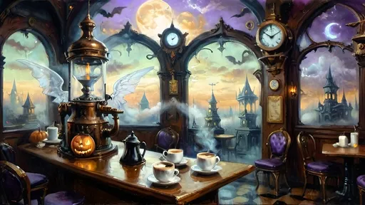 Prompt: An ethereal steampunk coffee bistro in the clouds at twilight, with angels and celestial figures serving coffee. The bistro is adorned with mechanical steampunk elements like antique bronze and copper gradients, along with silver and gold accents. The atmosphere is dreamlike and heavenly, with Halloween elements such as glowing jack-o’-lanterns, phantoms, and eerie Victorian attire. Gothic spires and shadowy ruins appear in the misty landscape, illuminated by stark chiaroscuro lighting. Eerie mists glow in shades of brown, purple, and green, while ornate brass carafes steam with celestial coffee. Angels with shimmering wings and macabre expressions serve patrons under a sky painted in lavender and soft blues. The flooring is made of glowing clouds, and the bistro furniture is airy and translucent, creating a haunting yet serene ambiance.