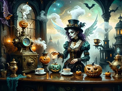 Prompt: ethereal steampunkesque coffee bistro in the clouds with angels and celestials, dreamlike atmosphere with mechanical steampunk elements, antique bronze, copper gradients, silver and gold accents. The space is heavenly and dreamlike, filled with Halloween elements like jack-o’-lanterns, phantoms, eerie Victorian attire, and a gothic twist. There are shadowy ruins and misty landscapes under stark chiaroscuro lighting, with eerie mists glowing in shades of brown, purple, and green. Celestial beings in fun macabre Victorian attire with ornate brass coffee makers and carafes add to the scene's whimsical yet haunting atmosphere.