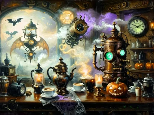 Prompt: ethereal steampunkesque coffee bistro in the clouds with angels and celestials, dreamlike atmosphere with mechanical steampunk elements, antique bronze, copper gradients, silver and gold accents. The space is heavenly and dreamlike, filled with Halloween elements like jack-o’-lanterns, phantoms, eerie Victorian attire, and a gothic twist. There are shadowy ruins and misty landscapes under stark chiaroscuro lighting, with eerie mists glowing in shades of brown, purple, and green. Celestial beings in fun macabre Victorian attire with ornate brass coffee makers and carafes add to the scene's whimsical yet haunting atmosphere.