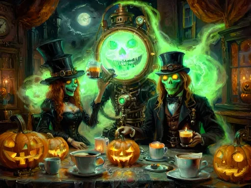 Prompt: A steampunk anthropomorphic alien hosting a midnight coffee party, set under the glowing gaze of hovering jack-o’-lanterns, enveloped in ethereal steam. The scene merges Victorian elegance with mechanical ingenuity, where ghostly guests with spectral visages sip coffee from brass cups. Flickering shadows are cast by distant ruins, and glowing mist curls at the guests' feet. The sound of unseen gears ticking rhythmically fills the air, creating an eerie yet refined atmosphere. The overall scene is a surreal tableau, blending tradition with futuristic artistry, where every element tells a story, from the steampunk decorations to the glowing jack-o’-lanterns, combining Halloween and steampunk aesthetics in a dreamlike setting.