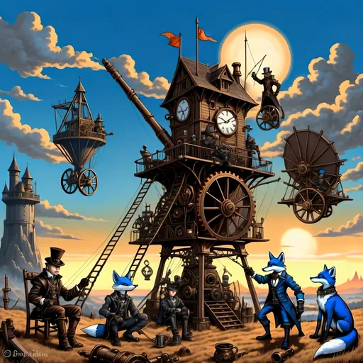 Prompt: {
  "prompt": "Illustrate a steampunkesque and gothic scene at dawn with an epic trebuchet and four anthropomorphic blue fox adventurers. The setting includes a dark, steampunkesque landscape with Dracula's fortress on a distant hill. Highlight the trebuchet with steampunkesque designs. Characters: Sebastian (leader), Alistair (sharpshooter), Finnegan (engineer), Cedric (medic). Include steampunkesque wrist grappler. Use dawn light to highlight details and create a dark, adventurous mood."
}