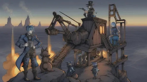 Prompt: {
  "prompt": "Illustrate a steampunkesque and gothic scene at dawn with an epic trebuchet and four anthropomorphic blue fox adventurers. The setting includes a dark, steampunkesque landscape with Dracula's fortress on a distant hill. Highlight the trebuchet with steampunkesque designs. Characters: Sebastian (leader), Alistair (sharpshooter), Finnegan (engineer), Cedric (medic). Include steampunkesque wrist grappler. Use dawn light to highlight details and create a dark, adventurous mood."
}