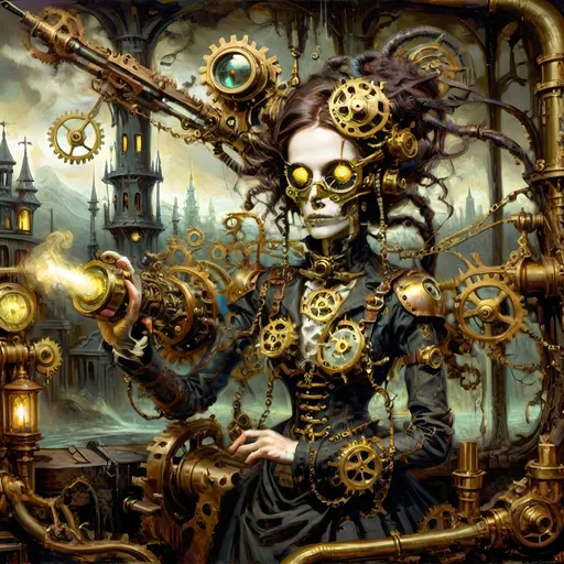 Prompt: Anthropomorphic
Sentient technological
Steampunkesque, ghoulish
In eldritch machine
Gears entwined with bone do creak
Specter of brass reigns
Blunderbuss of dread
Phosphorescent gleam ignites
Sinister light glows
Gothic spires crumble
Smoggy tendrils coil in gloom
Clockwork mists enshroud
Ethereal brass forests
Steam hums through shadows
Lanterns cast divine
Machinery’s holy light
Hope mingles with dread
Victorian cogs
Clash with demonic gears
Salvation’s struggle
Wings of copper gleam
Reach towards celestial brass
Figures in conflict
Steam-driven phantoms
Eyes aglow in iron mist
Haunt faded visions
Metal trees twist, writhe
Surreal grotesques dance, contort
Symbols darkly gleam
Mesmeric tableau
Serenity meets the void
Steampunk’s haunted grace
Warm brass kisses cold
Ominous steel’s embrace tight
Worlds in balance hang
Salvation, perdition
Machined, organic entwine
Sinisterly Gleam
Celestial gears turn
In limbo’s ethereal haze
Forests breathe in steam