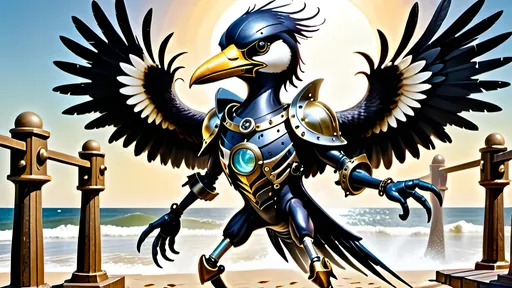 Prompt: Anthropomorphic 
Steampunkesque technology
Muscle bound seabird
---

Under morning sun,  
Seabird graces storied sands—  
Resplendent in form.

---

Elongated legs,  
Supple reeds in zephyrs’ dance—  
Sea's vast embrace calls.

---

Mischief in his eyes,  
Beachgoers’ toil unnoticed—  
Avian voyager.

---

Plumage tousled light,  
Saline breezes bring solace—  
Waves chant his essence.

---

Choreographed grace,  
Wings unfurled in ocean's song—  
Maestro of the shore.

---

Day's vibrant tableau,  
Delights of beachside revels—  
Laughter and salt tang.

---

Fellowship in skies,  
Airborne kin cavort above—  
Cerulean bond.

---

Muscle Beach's arena,  
For robust and brawny strength—  
Whimsical proscenium.

---

Stilts' realm of splendor,  
Statuesque limbs embrace waves—  
Effervescent spirit.
