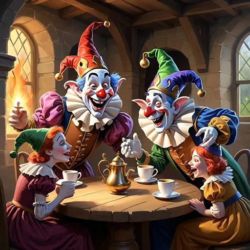 Prompt: ### I. The Jovial Troupe
Quibble, the favored jester,  
Finds solace among his troupe,  
A motley crew of mirth.
### II. Diverse Gifts
Jangle's nimble feats amaze,  
Merry’s voice enchants the soul,  
Each talent a treasure.
### III. Joyful Circus
Tumble's wild antics provoke laughter,  
Gleek's mimicry softens stone hearts,  
Colors of joy unfurl.
### IV. Morning Delights
As the sun's golden rays ascend,  
Steam swirls in cups of blissful brew,  
Delighting weary souls.
### V. Traveling Performers
Through fields of green they journey,  
Entertaining lords, merchants, serfs alike,  
Their art a gift to all.
### VI. The Duke's Challenge
In Duke Henry's solemn court,  
Their spirits tested, met with zeal,  
Undeterred by stern gazes.
### VII. Spreading Laughter
Quibble leads with charm and wit,  
His tales and jests a balm,  
Laughter infectious.
### VIII. Unfortunate Misstep
A servant's clumsy spill,  
Quibble's mimicry awry,  
A spark that ignites ire.
### IX. Facing Wrath
“What insolence!” thunders the Duke,  
Hearts heavy with disappointment,  
Yet resolve unbroken.
### X. Nights of Reflection
By the fire's gentle glow,  
Quibble's heart heavy, consoled by loyal hearts,  
Stronger together.
### XI. Resilient Resolve
“New court beckons,” whispers Merry,  
Lute echoing hope’s melody,  
United they stand.
### XII. Morning Reverie
In dawn's embrace,  
Coffee's warmth soothes,  
Spirits renewed.
### XIII. A Fresh Start
In a kinder court they perform,  
Fear's grip loosened,  
Quibble's smiles genuine.
### XIV. Eternal Bond
Laughter's thread weaves,  
A shared journey, spirits entwined,  
Jesters eternal.