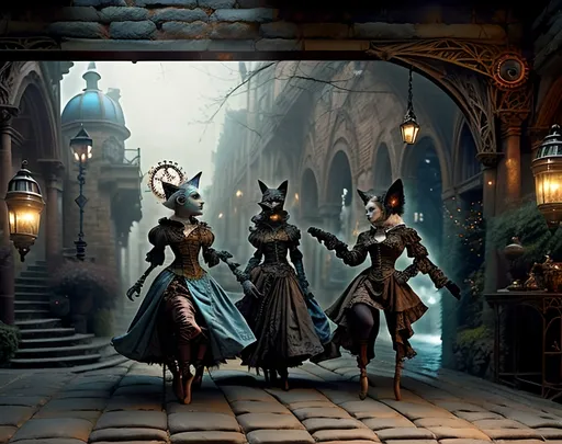 Prompt: Here's the detailed text I used for the image generation:

"Noxalis Awakens: An Ethereal Steampunk Dawn - A scene set in a cobblestone courtyard enveloped in the mist of dawn, featuring crumbling gothic architecture with luciferin lights casting a soft glow. Anthropomorphic feline jesters in elaborate steampunk attire made of brass, copper, and steel are engaged in a graceful ballet. Their costumes include vials and blunderbuss pistols, blending baby blue with antique bronze hues. The scene is serene yet alive with the soft whirring of gears, capturing the ethereal and mechanical coming together in an enchanted, dreamlike atmosphere."