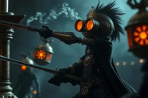 Prompt: A dynamically dramatic steampunk scene featuring an anthropomorphic Bal-Bal as an Italian ghoul prince on a battlefield, with a strong emphasis on chiaroscuro lighting. The scene showcases the interplay of light and shadow, creating cinematic depth with soft halos and shadowy edges. The prince is in elegant combat with a Rapier, moving fluidly and gracefully like a dancer, dodging an attack from a zombie-like automated guard. He wields a blunderbuss with finesse, his luciferin eyes glowing with sharp intellect. Brass and copper armor gleams on his form, surrounded by delicate halos. Intricate mechanical elements like gears and pistons subtly move around him. The background is a velvety night, with glowing steam rising from brass chimneys, adding an ethereal, dreamlike quality. An automaton with glowing orange goggles is a central focus, its reflective surface enhancing the light in the scene. The overall mood is mystical and reflective, highlighting the duality of light and dark in this steampunk realm.