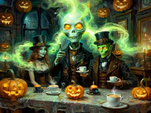 Prompt: A steampunk anthropomorphic alien hosting a midnight coffee party, set under the glowing gaze of hovering jack-o’-lanterns, enveloped in ethereal steam. The scene merges Victorian elegance with mechanical ingenuity, where ghostly guests with spectral visages sip coffee from brass cups. Flickering shadows are cast by distant ruins, and glowing mist curls at the guests' feet. The sound of unseen gears ticking rhythmically fills the air, creating an eerie yet refined atmosphere. The overall scene is a surreal tableau, blending tradition with futuristic artistry, where every element tells a story, from the steampunk decorations to the glowing jack-o’-lanterns, combining Halloween and steampunk aesthetics in a dreamlike setting.