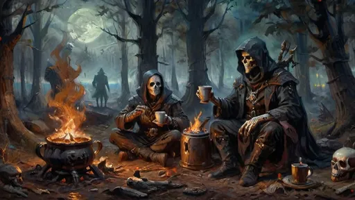 Prompt: A dramatic and tense moment in a dark, foggy forest, where a hunter and a necromancer sit near a flickering campfire. The scene captures the instant when the hunter, clad in dark, weathered armor, hands a steaming cup of coffee to the necromancer. The hunter’s breath is visible in the cold night air, and his gloved hand grips the cup with precision. The necromancer, with a ghoulish countenance and skeletal fingers, reaches out from their patchwork robes adorned with bones and arcane symbols to accept the cup. The campfire casts a spectral glow over the scene, highlighting the detailed steampunk apparatuses and gear scattered around the campsite. Trompe l’oeil techniques are used to create depth and realism, with shadows and light playing intricately across the figures and surroundings, giving the entire scene a three-dimensional, lifelike quality.