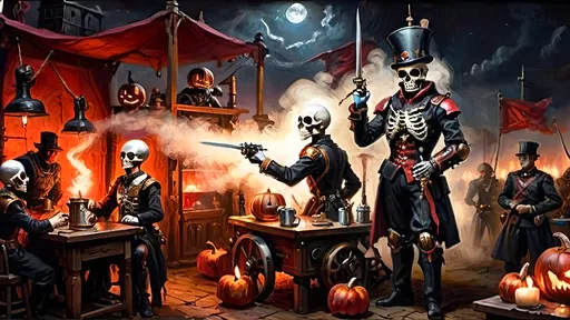 Prompt: A dynamic steampunk-themed battle camp scene at dawn. In the foreground, an Italian ghoul prince stands in mid-action, adorned in black armor with red highlights. His eyes glow vividly red, radiating power as he wields a rapier and a blunderbuss, ready for battle. Opposite him is a menacing automaton guard with stark black armor and glowing red goggles, accented with white highlights. The background features a velvety black night sky, merging with the reddish dawn light that casts an eerie glow over the camp. Brass chimneys and rotating gears surround tents, with steam rising to add a dreamlike atmosphere. In the vicinity, a military coffee barista operates a steam-powered coffee machine, adding layers of activity and steampunk detail. Skeleton soldiers with mechanical enhancements are scattered around, with carved pumpkins emitting a warm, orange glow. The overall scene uses chiaroscuro lighting to dramatize the steam and industrial elements, creating a visually striking and immersive tableau.