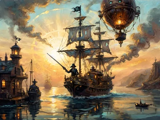 Prompt: A serene scene with glowing motifs and an otherworldly effect, rendered in the style of fountain pen ink, inspired by steampunkesque luciferin powered and illustrated. The scene depicts an exultant dawn breaking with a lucent glow anointing the sky. A pirate ship known as 'fools’ airborne vessel' ascends in a steampunk reverie, with clockwork jesters frolicking near a Rube Goldberg coffee device on deck. Soft gradients blend acrylic colors of bronze, baby blues, and gold, as the airship’s spectral hues glow. Luciferin light and translucent magic weave through the air with ethereal mist. Pistons hum in sync as gears and cogs glide in motion, demonstrating machination’s grace. Lens flares gently bloom, and expansive light shapes the scene, with softly glowing edges. Phong shading gives a touch of realism within the dreamlike haze, while soft blurs and ample negative space breathe life into the scene. Metallic whispers of gold add a sense of luxury as the ship sails through the dreaming steampunk sky, with fools in dawn’s embrace.Chiaroscuro effecits