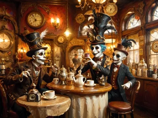 Prompt: A steampunk-themed scene titled 'Dance of the Coffee Jesters' set in a quaint vintage coffee shop at dawn, with steampunk decor. Italian Anthropomorphic Paper Mache jesters and fools perform, wearing elaborate costumes adorned with feathers, bells, and glowing luciferin eyes for an ethereal effect. They twirl and dance with ornate steampunk carafes, gracefully pouring coffee with precision, featuring acrobatic moves and mid-air carafe passes. The carafes and cups have intricate Victorian patterns, brass fittings, and moving cogs. The atmosphere is lit by brass fixtures, steam pipes, and stained-glass windows casting warm ambient light. The jesters engage in playful banter and comedic scenes, balancing foolishness with elegant service, turning the act of serving coffee into an artful dance.