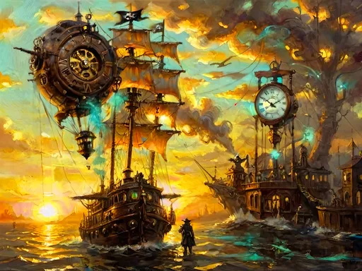 Prompt: A serene scene with glowing motifs and an otherworldly effect, rendered in the style of fountain pen ink, inspired by steampunkesque luciferin powered and illustrated. The scene depicts an exultant dawn breaking with a lucent glow anointing the sky. A pirate ship known as 'fools’ airborne vessel' ascends in a steampunk reverie, with clockwork jesters frolicking near a Rube Goldberg coffee device on deck. Soft gradients blend acrylic colors of bronze, baby blues, and gold, as the airship’s spectral hues glow. Luciferin light and translucent magic weave through the air with ethereal mist. Pistons hum in sync as gears and cogs glide in motion, demonstrating machination’s grace. Lens flares gently bloom, and expansive light shapes the scene, with softly glowing edges. Phong shading gives a touch of realism within the dreamlike haze, while soft blurs and ample negative space breathe life into the scene. Metallic whispers of gold add a sense of luxury as the ship sails through the dreaming steampunk sky, with fools in dawn’s embrace.Chiaroscuro effecits