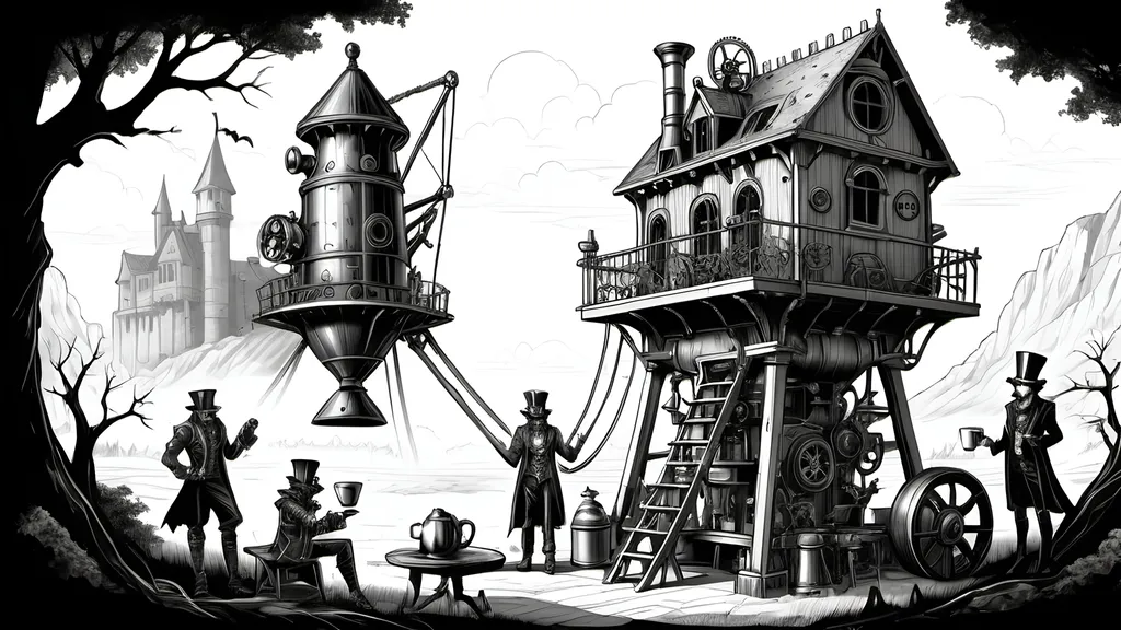 Prompt: Illustrate a dramatic steampunkesque and gothic scene Incorporating a dawn coffee break where the characters are enjoying along with crumpets featuring an epic trebuchet and four anthropomorphic blue fox adventurers at dawn. The setting is a dark, shadowed landscape with Dracula's fortress looming ominously in the distance. 

The scene includes:
- **Sebastian:** The sage leader, exuding wisdom and confidence.
- **Alistair:** The sharpshooter, holding a steampunk-style rifle.
- **Finnegan:** The inquisitive engineer, tinkering with the trebuchet mechanisms.
- **Cedric:** The calm medic, ready with a medical kit.

Incorporate a dawn coffee break where the characters are enjoying coffee with an ornately designed steampunkesque mechanical coffee maker and an exquisite carafe, along with crumpets.

The mood is suspenseful, heroic, and atmospheric, blending steampunkesque ingenuity with gothic horror elements. The trebuchet is the focal point, appearing three-dimensional and intricately detailed. The background features towering battlements, ancient castle walls, and eerie atmospheric elements like bizarre bats and shadowy landscapes.

The overall tone should be dark and adventurous, with detailed textures such as rusted metal, worn wood, and fur. The lighting should highlight the glimmering steampunk machinery, the dawn light, and the tense expressions of the characters, creating a cohesive and visually stunning scene."
