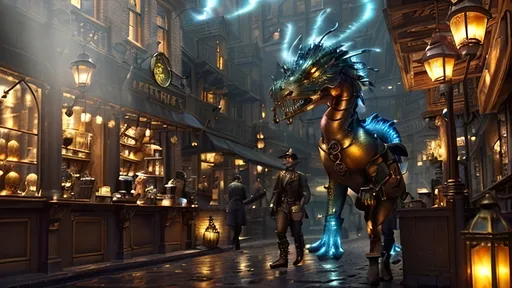 Prompt: A steampunk fantasy market square at the break of dawn, filled with the warm glow of gaslight from antique lanterns casting soft light on cobblestone streets and shopfronts. The air is thick with mist and steam, creating an ethereal atmosphere. In the center stands 'Drag’n Mondays,' a coffee bistro adorned with ornate bronze and copper gears and pipes. Inside, antique carafes glisten in the early light. Felix, wearing a leather vest and brass-tinted Doc Martens, adjusts his brass goggles, glowing softly in the gaslight. Above, a translucent blue and copper spectral dragon hovers gracefully, breathing glowing mist as it serves coffee. Bioluminescent luciferin flowers dot the square, their soft glow mixing with pastel mists and warm hues. The scene is bathed in chiaroscuro lighting, creating dreamy depth and a magical, harmonious blend of fantasy and steampunk.