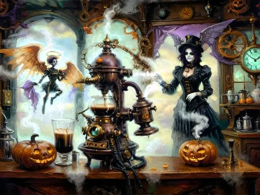 Prompt: ethereal steampunkesque coffee bistro in the clouds with angels and celestials, dreamlike atmosphere with mechanical steampunk elements, antique bronze, copper gradients, silver and gold accents. The space is heavenly and dreamlike, filled with Halloween elements like jack-o’-lanterns, phantoms, eerie Victorian attire, and a gothic twist. There are shadowy ruins and misty landscapes under stark chiaroscuro lighting, with eerie mists glowing in shades of brown, purple, and green. Celestial beings in fun macabre Victorian attire with ornate brass coffee makers and carafes add to the scene's whimsical yet haunting atmosphere.