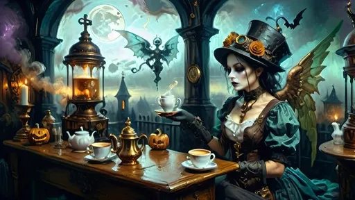 Prompt: An ethereal steampunk coffee bistro in the clouds at twilight, with angels and celestial figures serving coffee. Patrons bustling.  The bistro is adorned with mechanical steampunk elements like antique bronze and copper gradients, along with silver and gold accents. The atmosphere is dreamlike and heavenly, with Halloween elements such as glowing jack-o’-lanterns, phantoms, and eerie Victorian attire. Gothic spires and shadowy ruins appear in the misty landscape, illuminated by stark chiaroscuro lighting. Eerie mists glow in shades of brown, purple, and green, while ornate brass carafes steam with celestial coffee. Angels with shimmering wings and macabre expressions serve patrons under a sky painted in lavender and soft blues. The flooring is made of glowing clouds, and the bistro furniture is airy and translucent, creating a haunting yet serene ambiance.