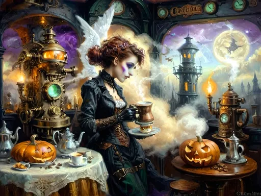 Prompt: ethereal steampunkesque coffee bistro in the clouds with angels and celestials, dreamlike atmosphere with mechanical steampunk elements, antique bronze, copper gradients, silver and gold accents. The space is heavenly and dreamlike, filled with Halloween elements like jack-o’-lanterns, phantoms, eerie Victorian attire, and a gothic twist. There are shadowy ruins and misty landscapes under stark chiaroscuro lighting, with eerie mists glowing in shades of brown, purple, and green. Celestial beings in fun macabre Victorian attire with ornate brass coffee makers and carafes add to the scene's whimsical yet haunting atmosphere.