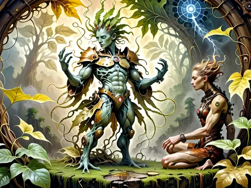 Prompt: Awakening to a world of grass and fog, this anthropomorphic marvel found itself a being of intricate design, its form fashioned from a mosaic of verdant foliage. Each leaf, a distinct contour sculpted by nature's hand, now melded seamlessly into a living, breathing tapestry of existence.

As consciousness unfurled like the delicate fronds of a fern, the anthropomorphic leaf creature's very veins pulsed with the lifeblood of intricate leaf veins, an organic network etched upon its frame - a convergence of the botanical and the mechanical. Its eyes, twin orbs of luminous intent, searched the room with an inquisitive gleam, conveying a depth of emotion that belied its leafy visage.

Donned in steampunk attire fashioned from woven textured foliage, the creature's appearance was a blend of rustic charm and whimsical elegance. The supple fabric of its leaf clothing whispered softly with each movement, granting it a tactile semblance of the sturdy yet comforting embrace of leather, exposed skin as dried leaves.

Thus, in this wondrous amalgamation of flora and function, the steampunkesque creature stood -eye contact and interaction a relaxed posture, a marvel of artistry and ingenuity, a testament to the boundless creativity that flourished in the realm where the natural world and the fantastical collide.
