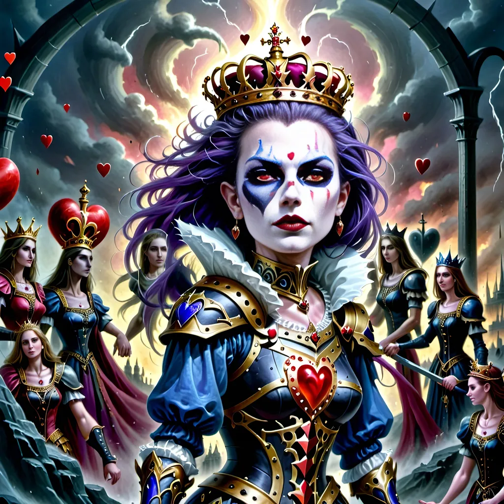 Prompt: In a realm where the cards held court and battles unfolded upon the velvet battlefield, the Queen of Hearts stood as a regal figure with a turbulent spirit. Her presence ignited fervor in her loyal subjects—her men, the mighty soldiers of her crimson domain.
With a gaze that could melt steel and a heart that beat thunder into the very ground they tread, she commanded her troops like a tempest unleashed. Each man embodied her unyielding will. As swords clashed and footsteps thundered, the Queen's call to arms echoed, stirring her men into a frenzy of unwavering loyalty.
Amidst the chaos, her soldiers surged forth, a symphony of controlled chaos. Hearts blazing like infernos, they tore through enemy lines with swift, merciless actions. Eyes met their merciless blades as they advanced, a whirlwind of crimson and steel, gouging the very essence of opposition.
At the storm's heart, the Queen of Hearts stood, a vision of sovereignty and power. She orchestrated the brutal ballet of war with a grace belying the surrounding chaos. Her presence was feared and revered—a beacon of unwavering resolve.
In that moment, with the clash of arms and battle cries filling the air, the Queen of Hearts reigned supreme. She was a sovereign of unparalleled ferocity and indomitable spirit, leading her men to victory amidst the battlefield's carnage and chaos.
