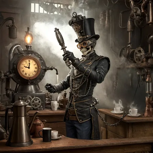 Prompt: In a realm where shadows swirl like tendrils of forgotten tales, a figure stands tall amidst the clatter of machinery and the whisper of steam. This figure is not of battles and realms, but of coffee and dreams. Enter our hero, not with sword in hand but with a steaming carafe, a barista of finesse and a steampunkesque coffeemaker that hums with mechanical precision.
In this surreal tapestry of bones and gears, where the aroma of freshly ground beans mingles with the scent of aged metal, the hero weaves a tale not of conquest, but of creation. With each carefully crafted cup, each swirl of tastefully engineered foam, the hero challenges not the throne, but the very essence of tradition and innovation.
Picture this scene: an ornate coffee carafe, adorned with intricate engravings that tell stories of old, a steaming styled foam rising like the curls of forgotten whispers, and a barista whose hands move with the grace of a master artisan. As the hero brews a blend that transcends time and taste, he becomes a catalyst for change in a world where coffee is not just a drink, but a symbol of unity and progress.
So, amidst this steampunkesque backdrop of clinking chains and whirring cogs, our hero stands not as a warrior, but as a champion of caffeinated dreams, ready to stir hearts and awaken minds to the possibilities that lie beyond the realm of bones and machinery. In this tale of triumph and transformation, the hero's destiny is not to conquer, but to inspire a new era where the art of coffee-making is as revered as the most epic of legends.