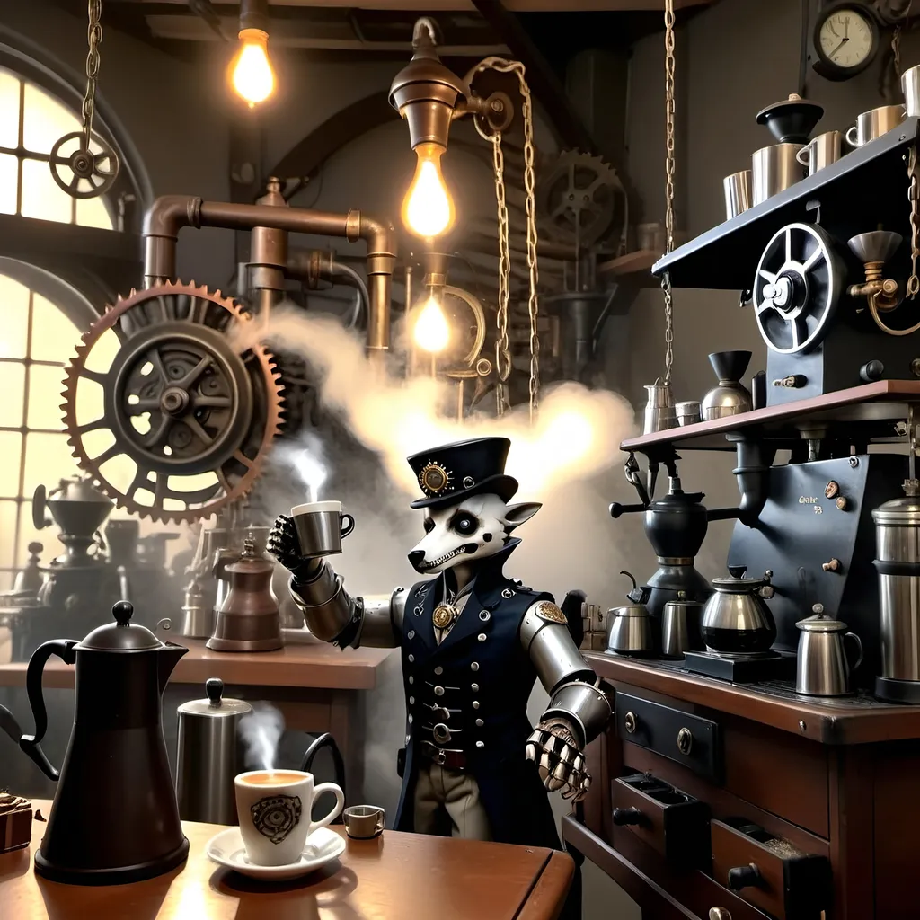 Prompt: In a realm where shadows swirl like tendrils of forgotten tales, a figure stands tall amidst the clatter of machinery and the whisper of steam. This figure is not of battles and realms, but of coffee and dreams. Enter our hero, not with sword in hand but with a steaming carafe, a barista of finesse and a steampunkesque coffeemaker that hums with mechanical precision.
In this surreal tapestry of bones and gears, where the aroma of freshly ground beans mingles with the scent of aged metal, the hero weaves a tale not of conquest, but of creation. With each carefully crafted cup, each swirl of tastefully engineered foam, the hero challenges not the throne, but the very essence of tradition and innovation.
Picture this scene: an ornate coffee carafe, adorned with intricate engravings that tell stories of old, a steaming styled foam rising like the curls of forgotten whispers, and a barista whose hands move with the grace of a master artisan. As the hero brews a blend that transcends time and taste, he becomes a catalyst for change in a world where coffee is not just a drink, but a symbol of unity and progress.
So, amidst this steampunkesque backdrop of clinking chains and whirring cogs, our hero stands not as a warrior, but as a champion of caffeinated dreams, ready to stir hearts and awaken minds to the possibilities that lie beyond the realm of bones and machinery. In this tale of triumph and transformation, the hero's destiny is not to conquer, but to inspire a new era where the art of coffee-making is as revered as the most epic of legends.