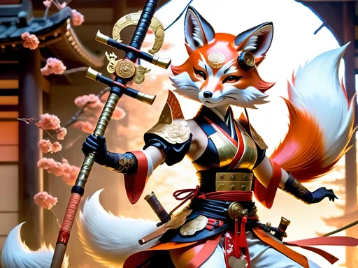 Prompt: Depict Cherry Kitsune, a graceful and fierce anthropomorphic fox warrior. She moves with fluidity and precision, wielding a traditional Japanese naginata. Her armor, detailed with copper and brass, blends Edo-period aesthetics with steampunk elements. The scene is illuminated by multicolor luciferin gradients, creating an ethereal glow in a Japanese dojo or battlefield."
- Style and Mood Tags: Cinematic lighting, fluid movement, traditional Japanese art style, ethereal glow, steampunk fusion