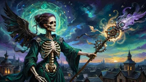 Prompt: A highly detailed and fantastical scene featuring an anthropomorphic Baykok, a skeletal figure intricately carved with bone and steampunk elements. Gears and pistons are integrated into its form, illuminated by a glowing phoenix feather in its chest. The twilight sky behind is filled with vibrant, swirling trails of emerald, violet, and blue light, as a sorceress soars high on a broomstick. Her flowing robes, glowing with luciferin, flutter in the wind. Below, cobbled rooftops gleam under flickering fires, and stars spiral in the sky. The lighting creates deep shadows and dramatic highlights, evoking a dark fantasy atmosphere with realistic details and surreal, ethereal light.