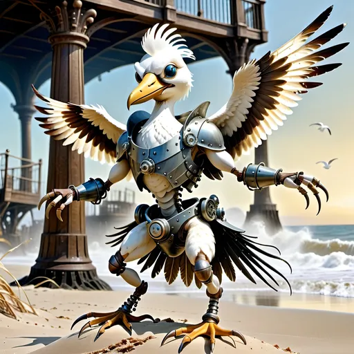 Prompt: Anthropomorphic 
Steampunkesque technology
Muscle bound seabird
---

Under morning sun,  
Seabird graces storied sands—  
Resplendent in form.

---

Elongated legs,  
Supple reeds in zephyrs’ dance—  
Sea's vast embrace calls.

---

Mischief in his eyes,  
Beachgoers’ toil unnoticed—  
Avian voyager.

---

Plumage tousled light,  
Saline breezes bring solace—  
Waves chant his essence.

---

Choreographed grace,  
Wings unfurled in ocean's song—  
Maestro of the shore.

---

Day's vibrant tableau,  
Delights of beachside revels—  
Laughter and salt tang.

---

Fellowship in skies,  
Airborne kin cavort above—  
Cerulean bond.

---

Muscle Beach's arena,  
For robust and brawny strength—  
Whimsical proscenium.

---

Stilts' realm of splendor,  
Statuesque limbs embrace waves—  
Effervescent spirit.
