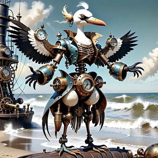 Prompt: Anthropomorphic 
Steampunkesque technology
Muscle bound seabird
---

Under morning sun,  
Seabird graces storied sands—  
Resplendent in form.

---

Elongated legs,  
Supple reeds in zephyrs’ dance—  
Sea's vast embrace calls.

---

Mischief in his eyes,  
Beachgoers’ toil unnoticed—  
Avian voyager.

---

Plumage tousled light,  
Saline breezes bring solace—  
Waves chant his essence.

---

Choreographed grace,  
Wings unfurled in ocean's song—  
Maestro of the shore.

---

Day's vibrant tableau,  
Delights of beachside revels—  
Laughter and salt tang.

---

Fellowship in skies,  
Airborne kin cavort above—  
Cerulean bond.

---

Muscle Beach's arena,  
For robust and brawny strength—  
Whimsical proscenium.

---

Stilts' realm of splendor,  
Statuesque limbs embrace waves—  
Effervescent spirit.
