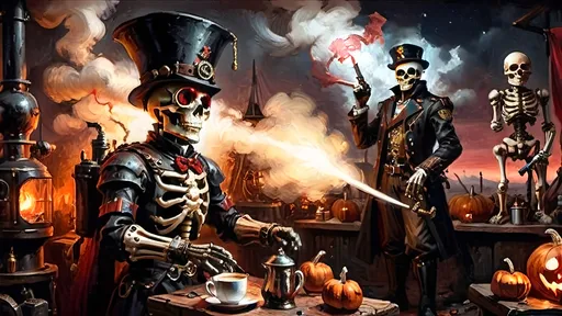 Prompt: A dynamic steampunk-themed battle camp scene at dawn. In the foreground, an Italian ghoul prince stands in mid-action, adorned in black armor with red highlights. His eyes glow vividly red, radiating power as he wields a rapier and a blunderbuss, ready for battle. Opposite him is a menacing automaton guard with stark black armor and glowing red goggles, accented with white highlights. The background features a velvety black night sky, merging with the reddish dawn light that casts an eerie glow over the camp. Brass chimneys and rotating gears surround tents, with steam rising to add a dreamlike atmosphere. In the vicinity, a military coffee barista operates a steam-powered coffee machine, adding layers of activity and steampunk detail. Skeleton soldiers with mechanical enhancements are scattered around, with carved pumpkins emitting a warm, orange glow. The overall scene uses chiaroscuro lighting to dramatize the steam and industrial elements, creating a visually striking and immersive tableau.