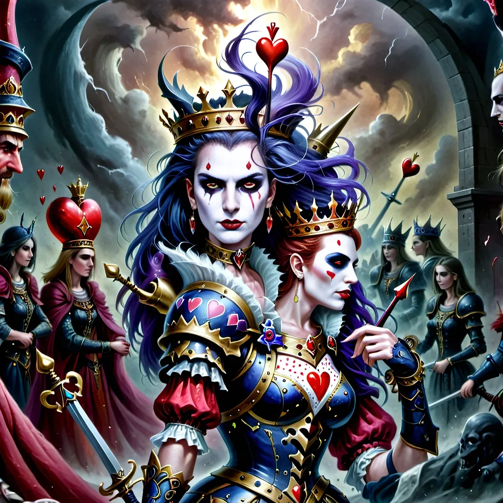 Prompt: In a realm where the cards held court and battles unfolded upon the velvet battlefield, the Queen of Hearts stood as a regal figure with a turbulent spirit. Her presence ignited fervor in her loyal subjects—her men, the mighty soldiers of her crimson domain.
With a gaze that could melt steel and a heart that beat thunder into the very ground they tread, she commanded her troops like a tempest unleashed. Each man embodied her unyielding will. As swords clashed and footsteps thundered, the Queen's call to arms echoed, stirring her men into a frenzy of unwavering loyalty.
Amidst the chaos, her soldiers surged forth, a symphony of controlled chaos. Hearts blazing like infernos, they tore through enemy lines with swift, merciless actions. Eyes met their merciless blades as they advanced, a whirlwind of crimson and steel, gouging the very essence of opposition.
At the storm's heart, the Queen of Hearts stood, a vision of sovereignty and power. She orchestrated the brutal ballet of war with a grace belying the surrounding chaos. Her presence was feared and revered—a beacon of unwavering resolve.
In that moment, with the clash of arms and battle cries filling the air, the Queen of Hearts reigned supreme. She was a sovereign of unparalleled ferocity and indomitable spirit, leading her men to victory amidst the battlefield's carnage and chaos.
