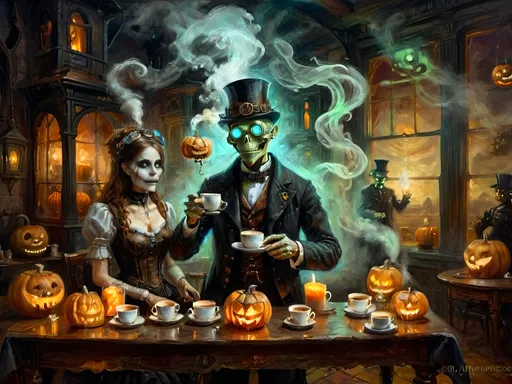 Prompt: A steampunk anthropomorphic alien hosting a midnight coffee party, set under the glowing gaze of hovering jack-o’-lanterns, enveloped in ethereal steam. The scene merges Victorian elegance with mechanical ingenuity, where ghostly guests with spectral visages sip coffee from brass cups. Flickering shadows are cast by distant ruins, and glowing mist curls at the guests' feet. The sound of unseen gears ticking rhythmically fills the air, creating an eerie yet refined atmosphere. The overall scene is a surreal tableau, blending tradition with futuristic artistry, where every element tells a story, from the steampunk decorations to the glowing jack-o’-lanterns, combining Halloween and steampunk aesthetics in a dreamlike setting.