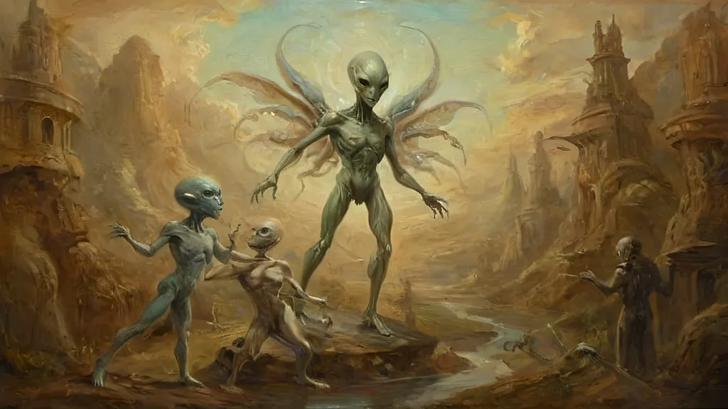 Prompt: Sophisticated scene with an anthropomorphic alien figure, ethereal and unnervingly graceful, gliding through, extra-jointed limbs, deliberate and artful interactions, poised, effortless authority, showcasing a world where art, magic, and machinery converge with savoir-faire.