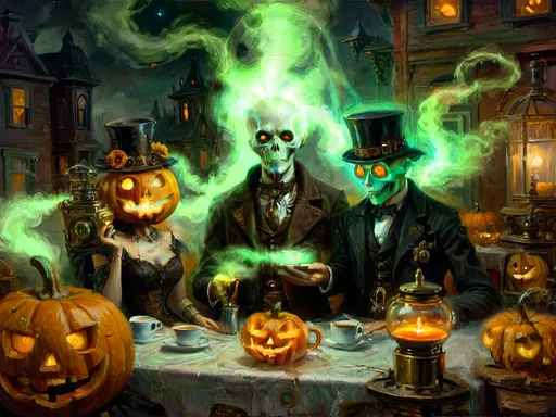 Prompt: A steampunk anthropomorphic alien hosting a midnight coffee party, set under the glowing gaze of hovering jack-o’-lanterns, enveloped in ethereal steam. The scene merges Victorian elegance with mechanical ingenuity, where ghostly guests with spectral visages sip coffee from brass cups. Flickering shadows are cast by distant ruins, and glowing mist curls at the guests' feet. The sound of unseen gears ticking rhythmically fills the air, creating an eerie yet refined atmosphere. The overall scene is a surreal tableau, blending tradition with futuristic artistry, where every element tells a story, from the steampunk decorations to the glowing jack-o’-lanterns, combining Halloween and steampunk aesthetics in a dreamlike setting.