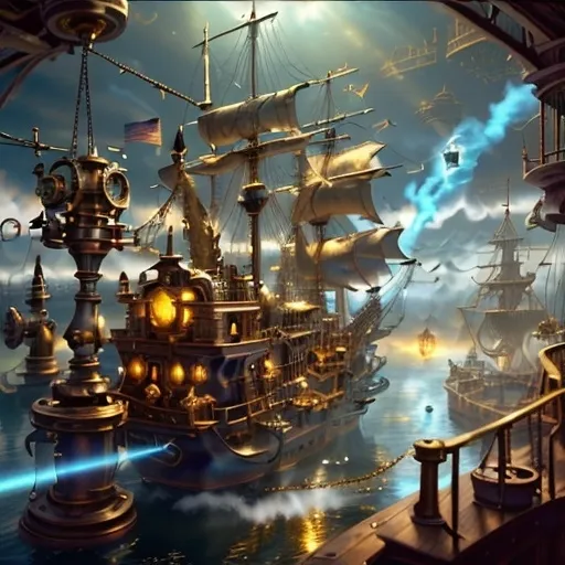 Prompt: A serene scene with glowing motifs and an otherworldly effect, rendered in the style of fountain pen ink, inspired by steampunkesque luciferin powered and illustrated. The scene depicts an exultant dawn breaking with a lucent glow anointing the sky. A pirate ship known as 'fools’ airborne vessel' ascends in a steampunk reverie, with clockwork jesters frolicking near a Rube Goldberg coffee device on deck. Soft gradients blend acrylic colors of bronze, baby blues, and gold, as the airship’s spectral hues glow. Luciferin light and translucent magic weave through the air with ethereal mist. Pistons hum in sync as gears and cogs glide in motion, demonstrating machination’s grace. Lens flares gently bloom, and expansive light shapes the scene, with softly glowing edges. Phong shading gives a touch of realism within the dreamlike haze, while soft blurs and ample negative space breathe life into the scene. Metallic whispers of gold add a sense of luxury as the ship sails through the dreaming steampunk sky, with fools in dawn’s embrace.Chiaroscuro effecits