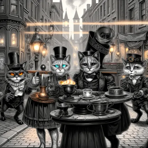 Prompt: Amid cobblestone,
Gas lamps flicker bright, bright light
Anthropomorphism.
Top hats, goggles gleam,
Elaborate dance of dreams,
Costumes on the street.
A staff’s fiery glow,
Adventure in steampunk air,
Brick buildings whisper.
Gothic shadows loom,
Mystery in armor's eyes,
Beasts stand ready there.
Crossbow and fur coat,
Feline with torch and rifle near,
Skull helm leads the pack.
Cougar with skulls in hand,
Lion mask's courageous stand,
Gothic vault's dim light