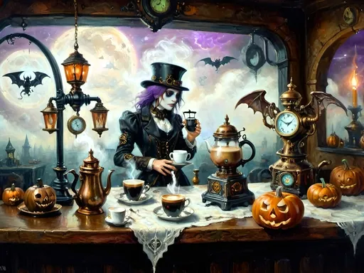 Prompt: ethereal steampunkesque coffee bistro in the clouds with angels and celestials, dreamlike atmosphere with mechanical steampunk elements, antique bronze, copper gradients, silver and gold accents. The space is heavenly and dreamlike, filled with Halloween elements like jack-o’-lanterns, phantoms, eerie Victorian attire, and a gothic twist. There are shadowy ruins and misty landscapes under stark chiaroscuro lighting, with eerie mists glowing in shades of brown, purple, and green. Celestial beings in fun macabre Victorian attire with ornate brass coffee makers and carafes add to the scene's whimsical yet haunting atmosphere.